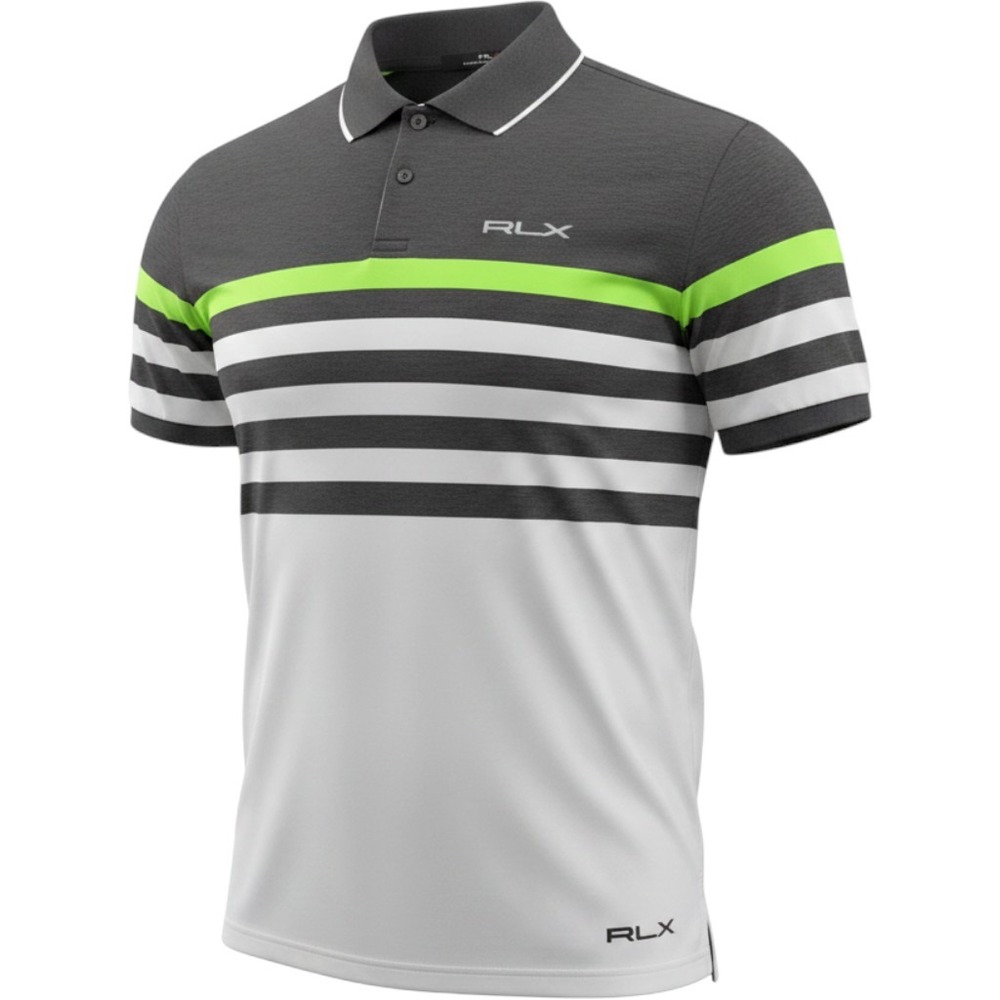RLX Ralph Lauren Mens XL Golf Polo Shirt Gray White Neon Green Striped Athletic